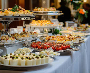Mesa con canapés variados en un catering cocinado por nuestro chef privado de Paebella en una fiesta privada de Marbella