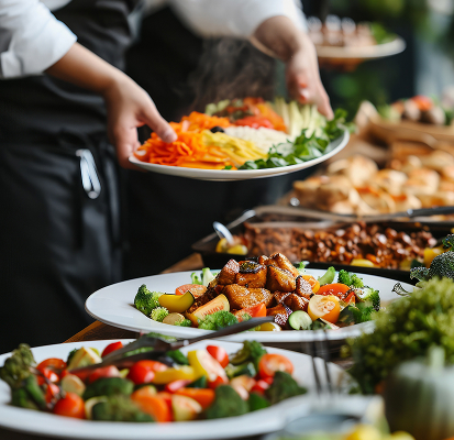 Elaboración de platos variados en un catering cocinado por nuestro chef privado de Paebella en un evento corporativo de Marbella