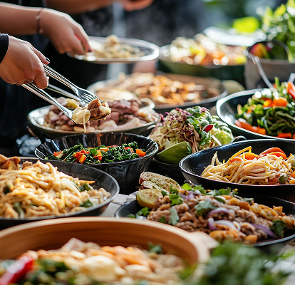 Mesa con platos variados en un catering cocinado por nuestro chef privado de Paebella en un evento de empresa de Marbella
