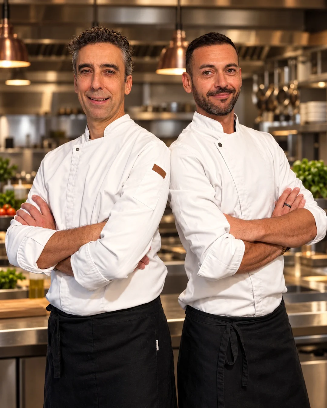 Chefs Miguel Pérez Barrigón y José María Gil Gil de Paebella posando en la cocina de Marbella