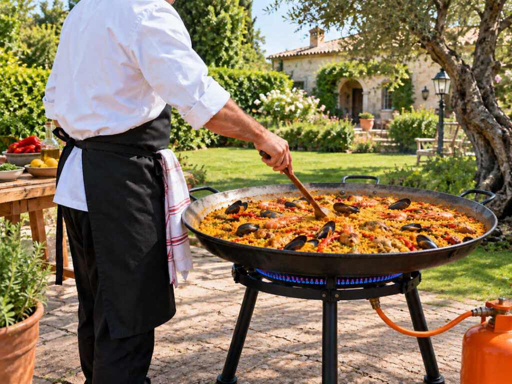 Cocinero privado cocinando una paella a domicilio en Marbella